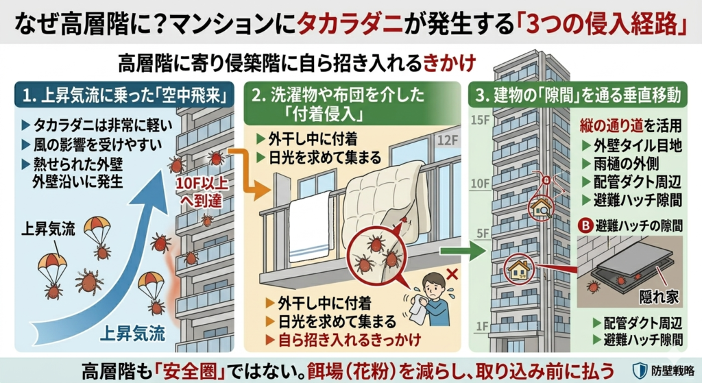 マンション高層階にタカラダニが発生する3つの侵入経路