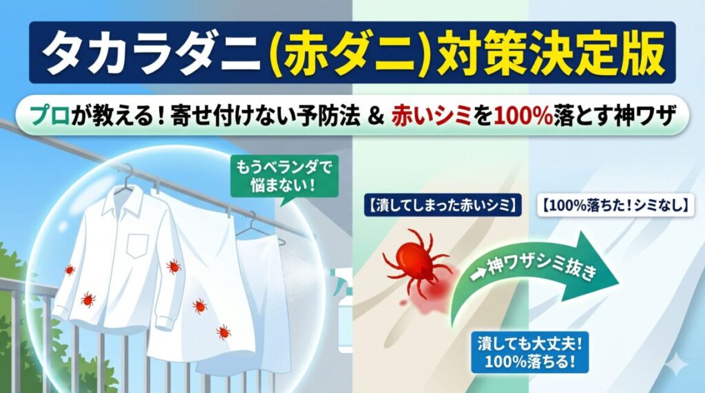 【洗濯物につかせない！】タカラダニ（赤ダニ）の予防法と服についた赤いシミを100%落とすプロのシミ抜き術【2026】