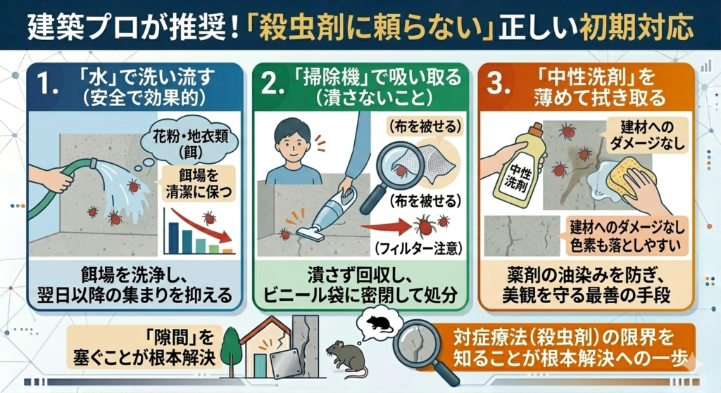 建築プロが推奨！殺虫剤に頼らないタカラダニの正しい初期対応