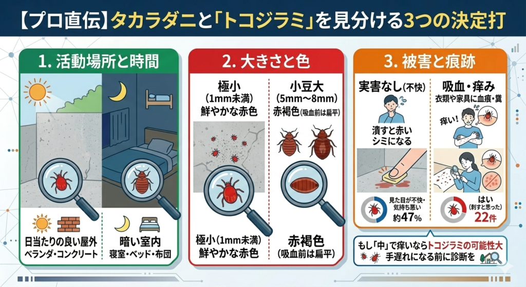 タカラダニとトコジラミを見分ける3つの方法