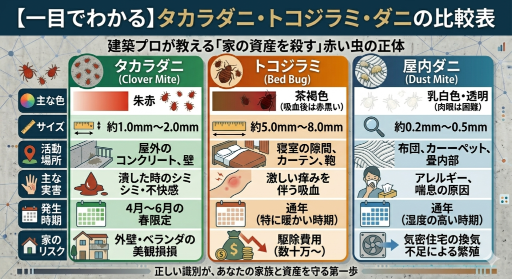 タカラダニ・トコジラミ・ダニの見分け方比較表｜サイズ・生息場所・実害の違い
