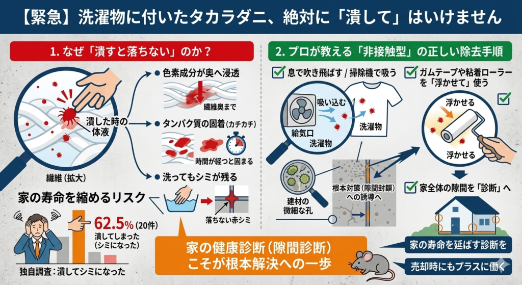 洗濯物に付いたタカラダニは潰さずに吹き飛ばす　浮かせる