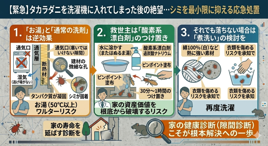 洗濯機にタカラダニを入れてしまった場合のシミを最小限に抑える応急処置方法
