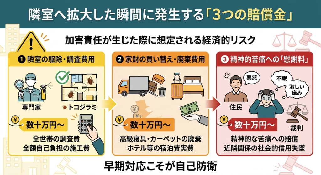 トコジラミがマンションの隣室に拡大した場合に発生する3つの賠償金
