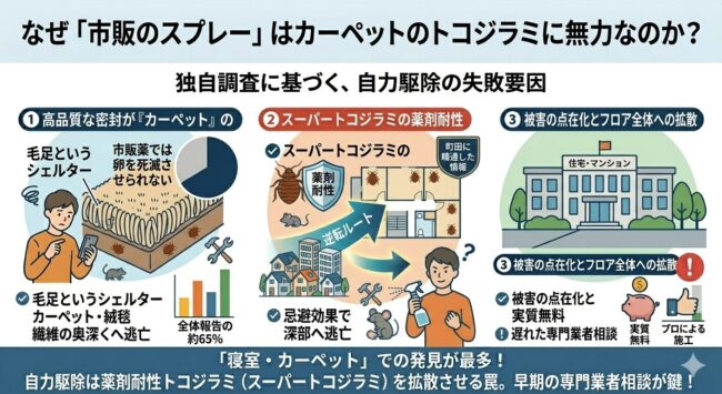 なぜ市販のスプレーはカーペットのトコジラミに無力なのか？