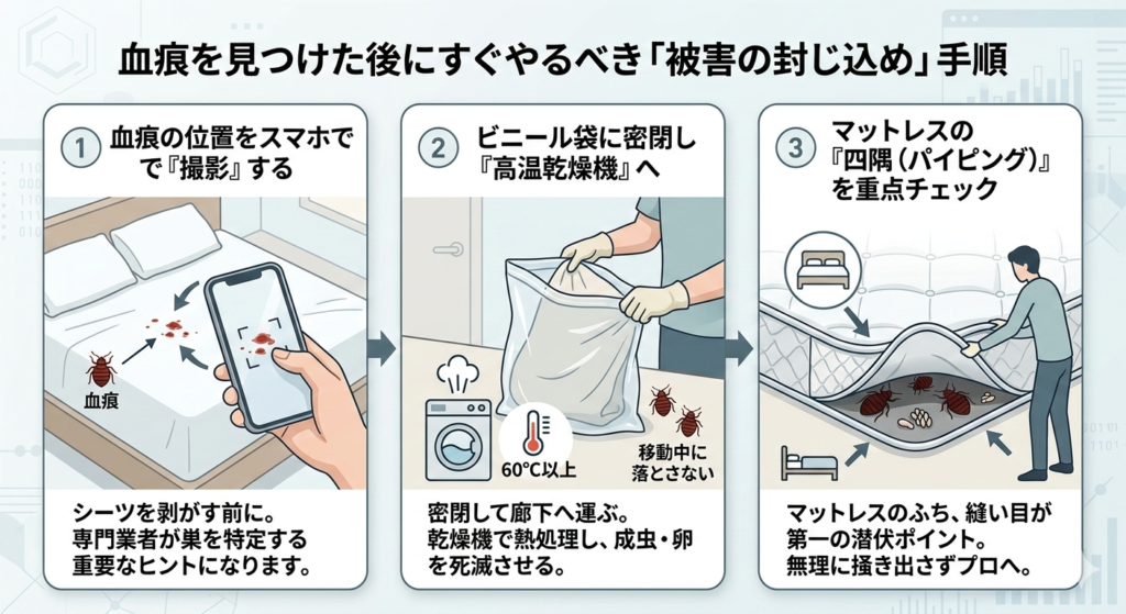 トコジラミ 血痕 撮影 密封 高温乾燥機 シーツ ベッド マットレス パイピング