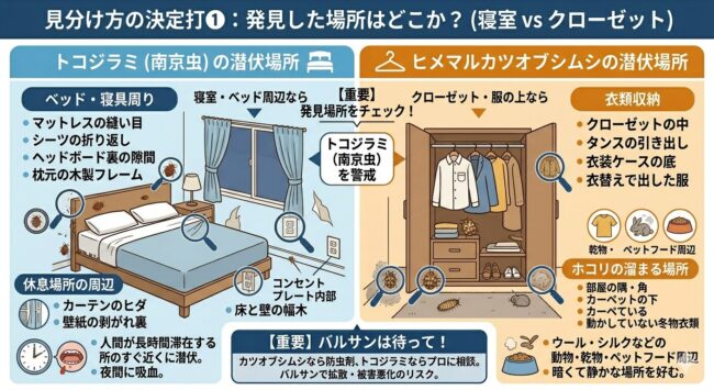 トコジラミ・カツオブシムシ見分け方の決定打❶:発見した場所はどこか?(寝室 vs クローゼット)