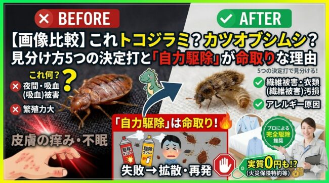 【画像比較】これトコジラミ？カツオブシムシ？見分け方5つの決定打と「自力駆除」が命取りな理由