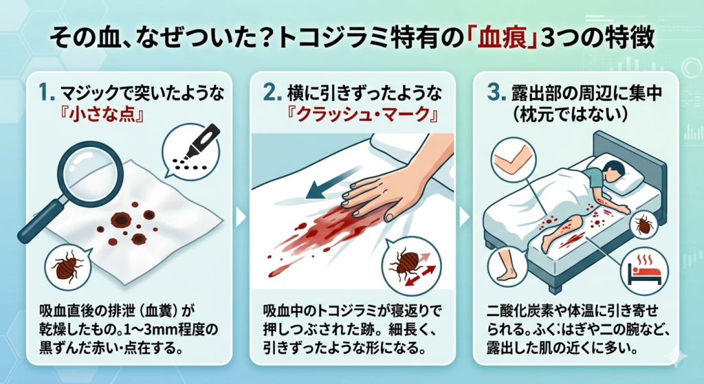トコジラミ 血痕 特徴 点状血痕 クラッシュ・マーク 血糞