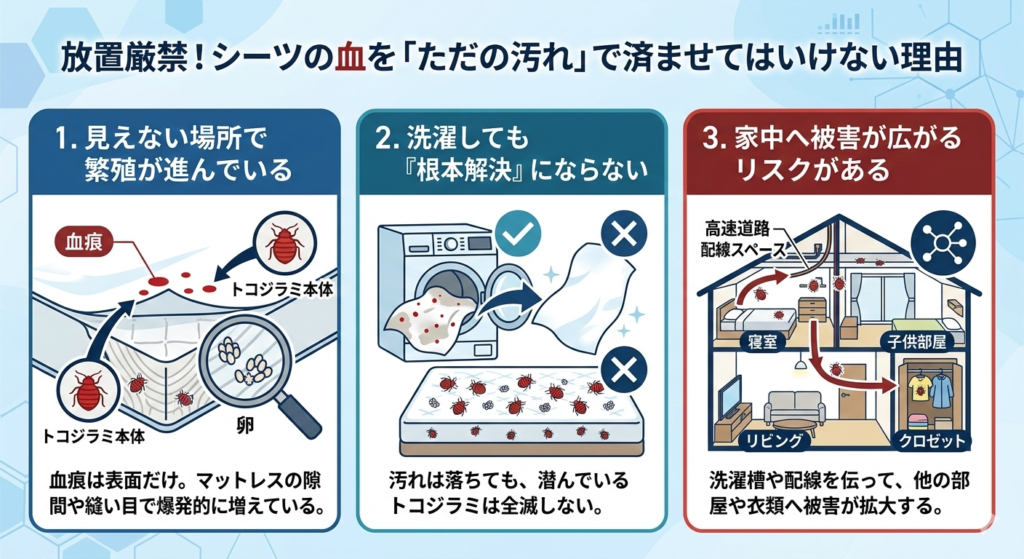 トコジラミ 血痕 汚れだけではない マットレスの中 トコジラミ本体 トコジラミ卵 被害拡散