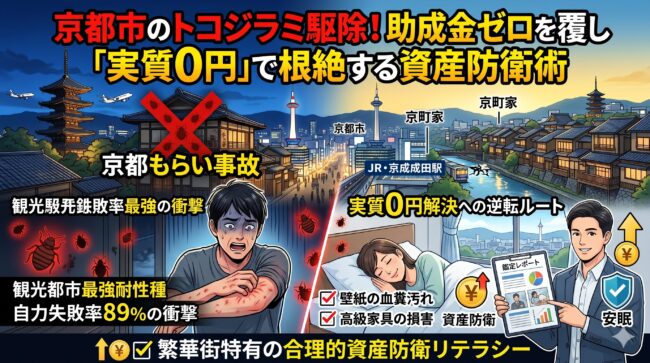 京都市（中京区・下京区・東山区）のトコジラミ駆除！市役所の補助金ゼロを覆し火災保険で「実質0円」を目指す資産防衛術の図解