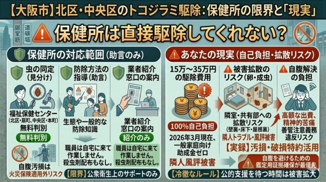 【2026最新】大阪市トコジラミ駆除おすすめ！北区・中央区の保健所の限界と「火災保険」で実質0円にする秘策｜近所にバレない匿名防衛術