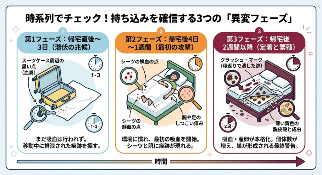 トコジラミ　旅行　外出　持ち込み　血糞　吸血　クラッシュ・マーク　卵　ベッド　シーツ　スーツケース