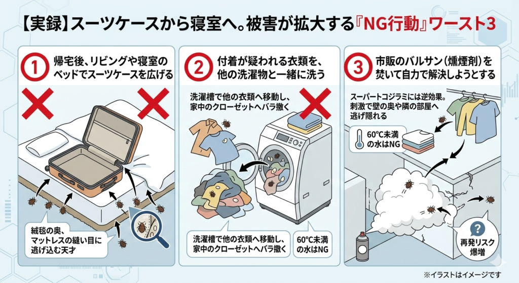 トコジラミ　旅行　外出　スーツケース　寝室　NG行動　バルサン