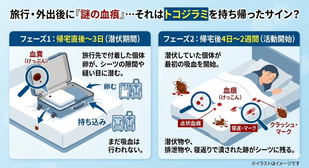 旅行　外出　謎の血痕　トコジラミ　血糞　クラッシュマーク