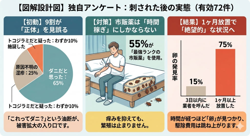 図解:アンケートで判明した初動の遅れと被害の関係(有効72件)トコジラミ 刺された後 被害拡大 ダニ 市販薬効かない 卵