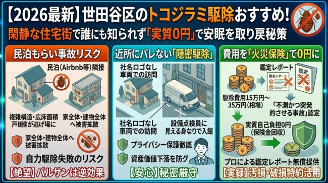 【2026最新】世田谷区のトコジラミ駆除おすすめ!保健所の限界と「近所にバレない」匿名防衛術|火災保険で費用0円の秘策