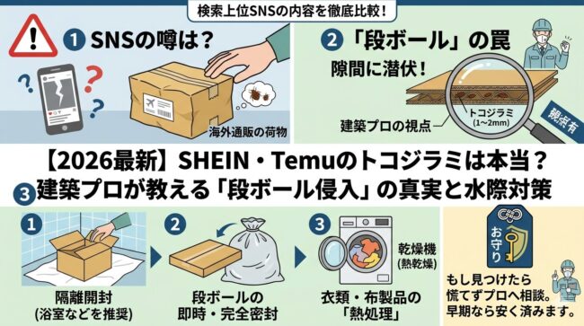 【2026最新】SHEIN・Temuのトコジラミは本当？駆除のプロが教える「段ボール侵入」の真実と水際対策