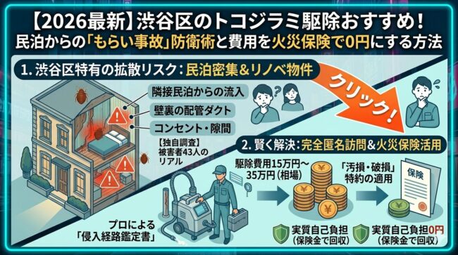 【2026最新】渋谷区のトコジラミ駆除業者おすすめ！民泊からのもらい事故防衛術と費用を火災保険で0円にする方法
