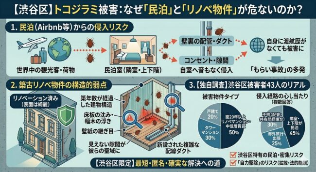 渋谷区のトコジラミ被害実態:なぜ民泊とリノベ物件が危ないのか