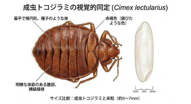 トコジラミの成虫と米粒のサイズ比較