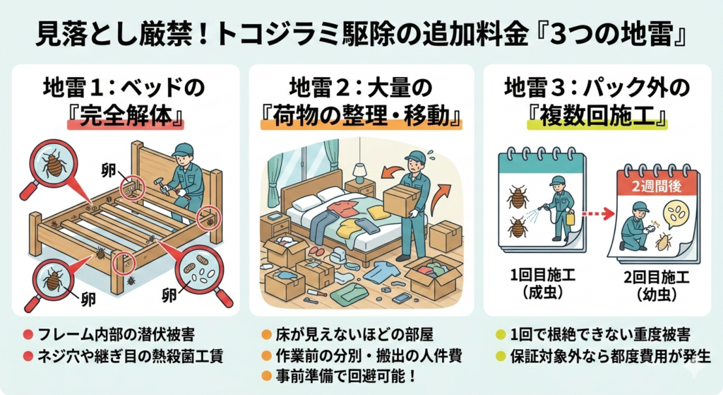 トコジラミ駆除で追加料金が発生する3つの原因(ベッド解体・荷物移動・複数回施工)の図解