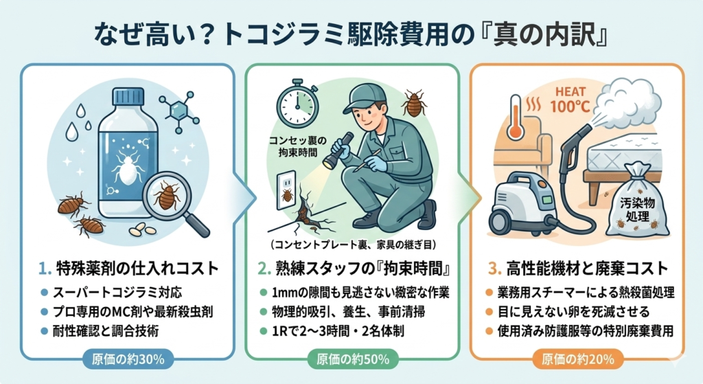 トコジラミ駆除費用の内訳(薬剤費・人件費・機材費)の図解