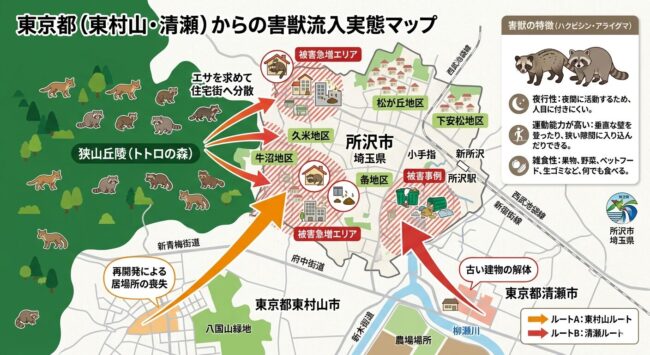 東京都(東村山・清瀬)から所沢市・狭山丘陵への害獣流入ルート
