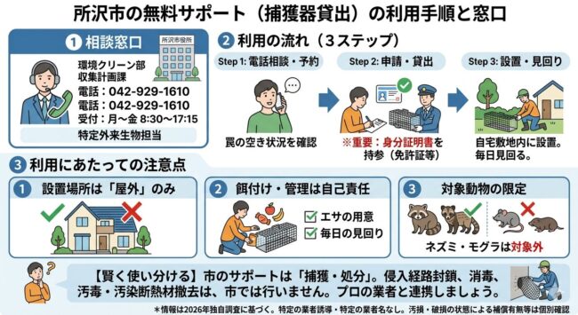 所沢市の無料サポート(捕獲器貸出)の利用手順と窓口