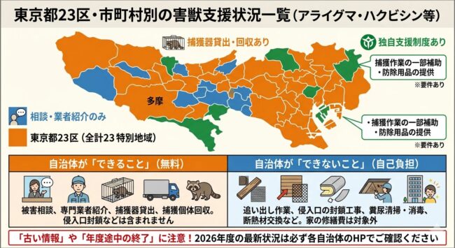 東京都23区・市町村別の害獣支援状況一覧