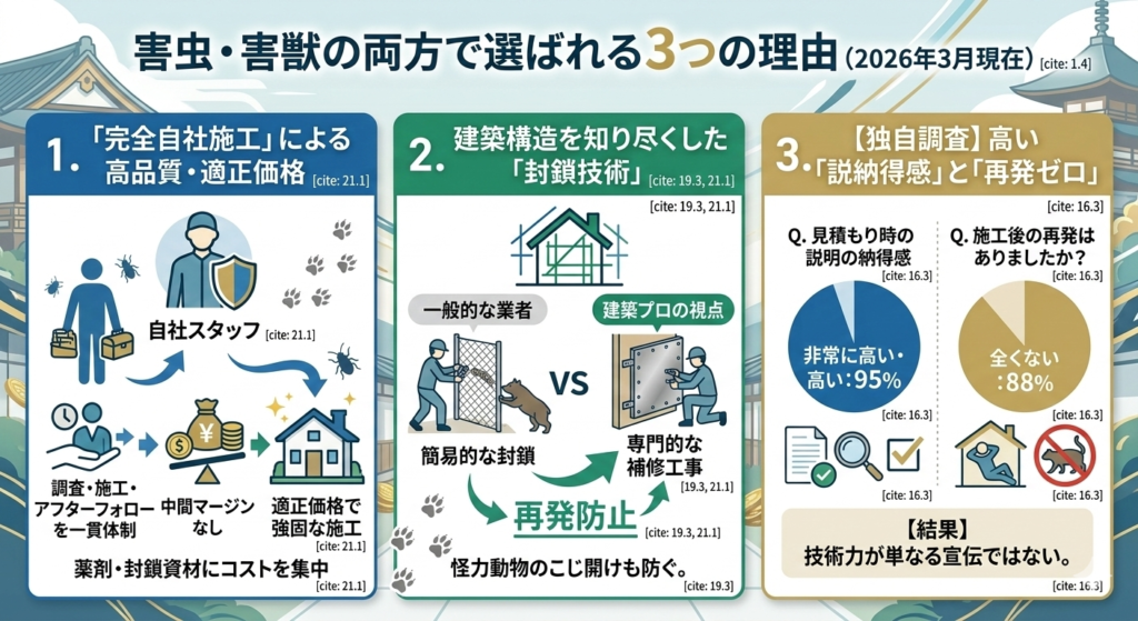 駆除ザウルス 選ばれる理由 完全自社施工 封鎖技術 独自調査 納得感