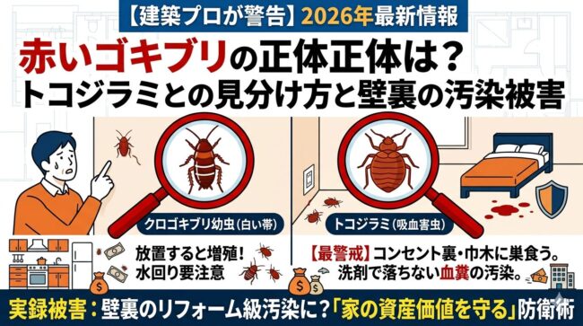 赤いゴキブリの正体は？建築プロが教える「見間違え」の恐怖と断熱材を汚染する実録被害