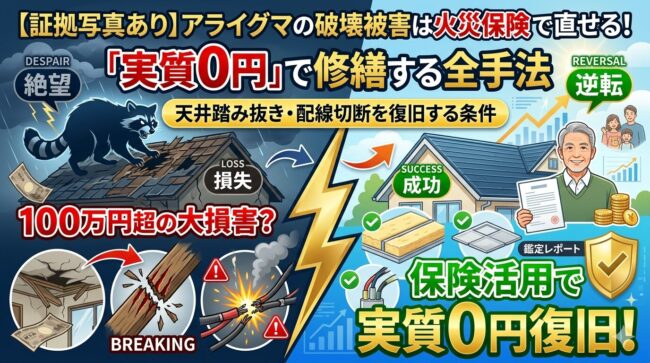 【証拠写真あり】アライグマの破壊被害は火災保険で直せる！天井踏み抜き・配線切断を「実質0円」で復旧する条件