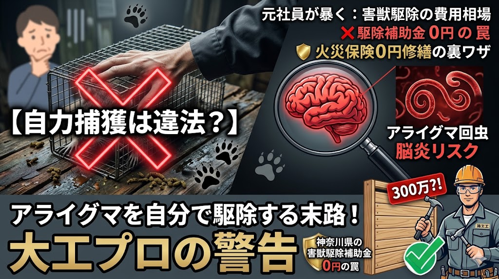 【自力捕獲は違法？】アライグマを自分で駆除する末路！アライグマ回虫の脳炎リスクと大工プロの警告