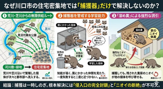 なぜ川口市の住宅密集地では捕獲器だけで解決しないのか？