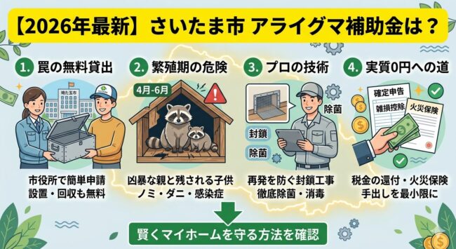 【2026年最新】さいたま市のアライグマ駆除に補助金はある？罠の無料貸出ルールと「実質0円」でプロに任せる資産防衛術