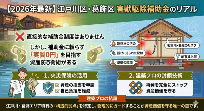 【2026年最新】江戸川区・葛飾区の害獣駆除補助金は出る？建築プロが教える「実質0円」を目指す資産防衛術