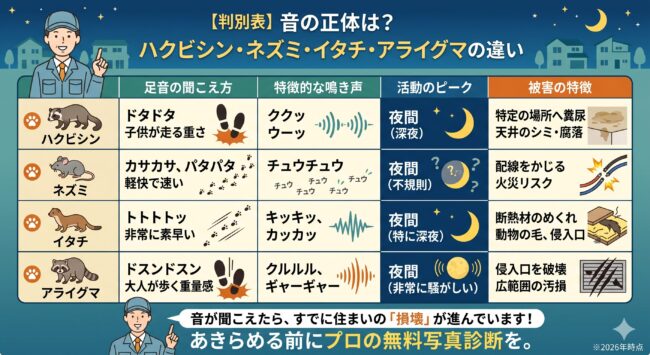 天井裏の害獣別足音判別表。ハクビシン、ネズミ、イタチ、アライグマの音の重さや鳴き声の違いを比較。放置による断熱材被害のリスク解説。