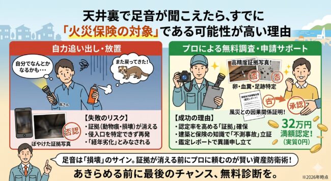 ハクビシン被害の火災保険申請成功事例。千葉県A様の120万円認定ケースと、埼玉県B様の再申請による85万円逆転承認ケースの解説。