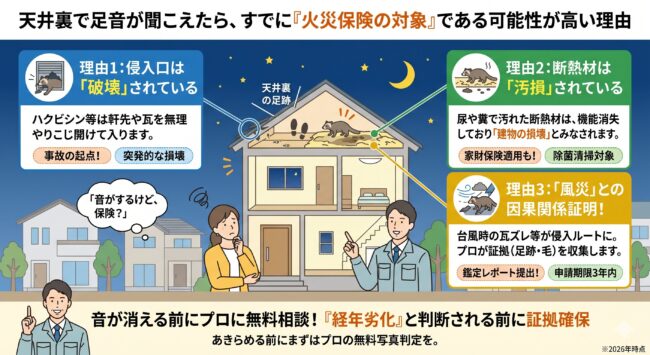 天井裏の足音が火災保険の対象になる理由。侵入口の損壊、断熱材の汚損、風災との因果関係の3ポイント解説。