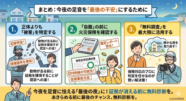 天井裏の害獣被害を火災保険で解決し、静かな生活を取り戻すためのまとめ。放置せずプロの無料調査を予約することが最善の解決策である理由。