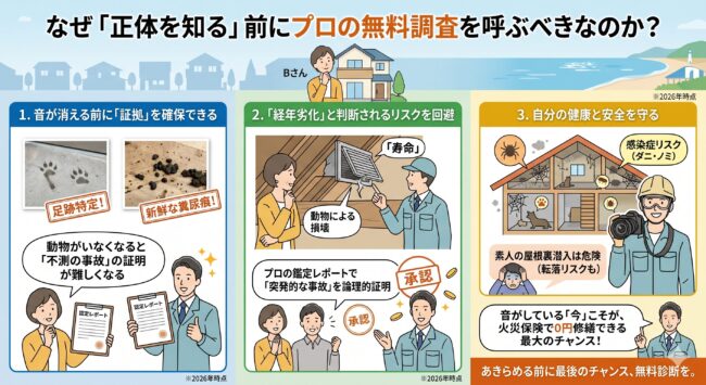 害獣被害の自力調査とプロの調査の比較。感染症リスクや転落事故の危険性と、保険認定に必要なエビデンス確保の重要性の解説。