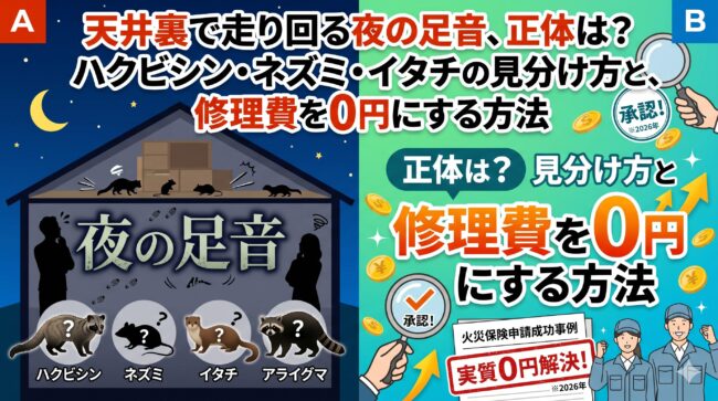 天井裏で走り回る夜の足音、正体は？ハクビシン・ネズミ・イタチの見分け方と、修理費を0円にする方法