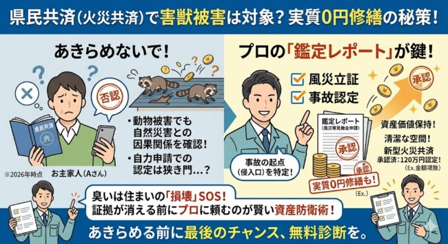 県民共済で害獣被害は補償される？「新型火災共済」で修繕費を実質0円にするための条件と申請のコツ
