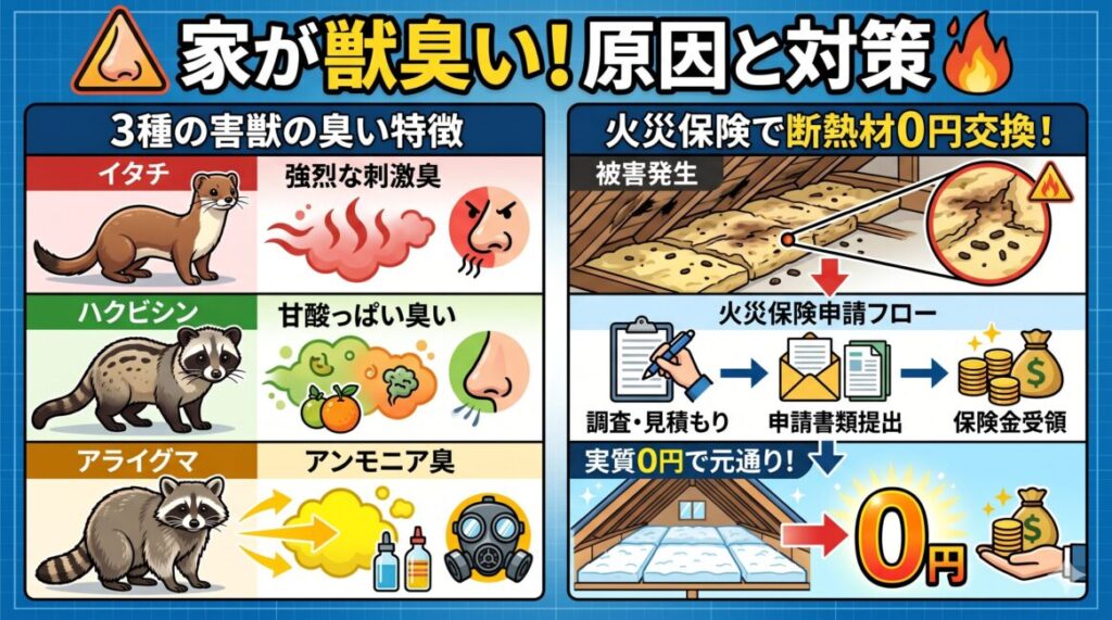 壁の隙間から悪臭】家の中が獣臭い原因は？害獣3種の臭い特徴と火災保険で断熱材を0円交換する手順