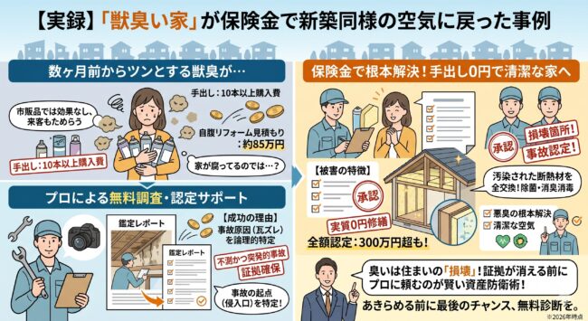 獣臭い家の火災保険申請成功事例。壁裏の断熱材汚染を特定し、保険金で断熱材交換と除菌・壁復旧を実質0円で行った実録解説。
