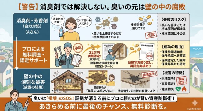 害獣の糞尿で汚染された断熱材と天井のシミの解説。消臭剤では解決しない理由と、放置による天井板腐落・高額修理費用のリスクに関する図解。