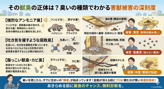 家の中の獣臭い原因を特定する判別チャート。アンモニア臭、腐敗臭、獣臭別の害獣（ハクビシン・ネズミ等）と被害レベルの解説。断熱材汚損や天井崩落リスクの警告。