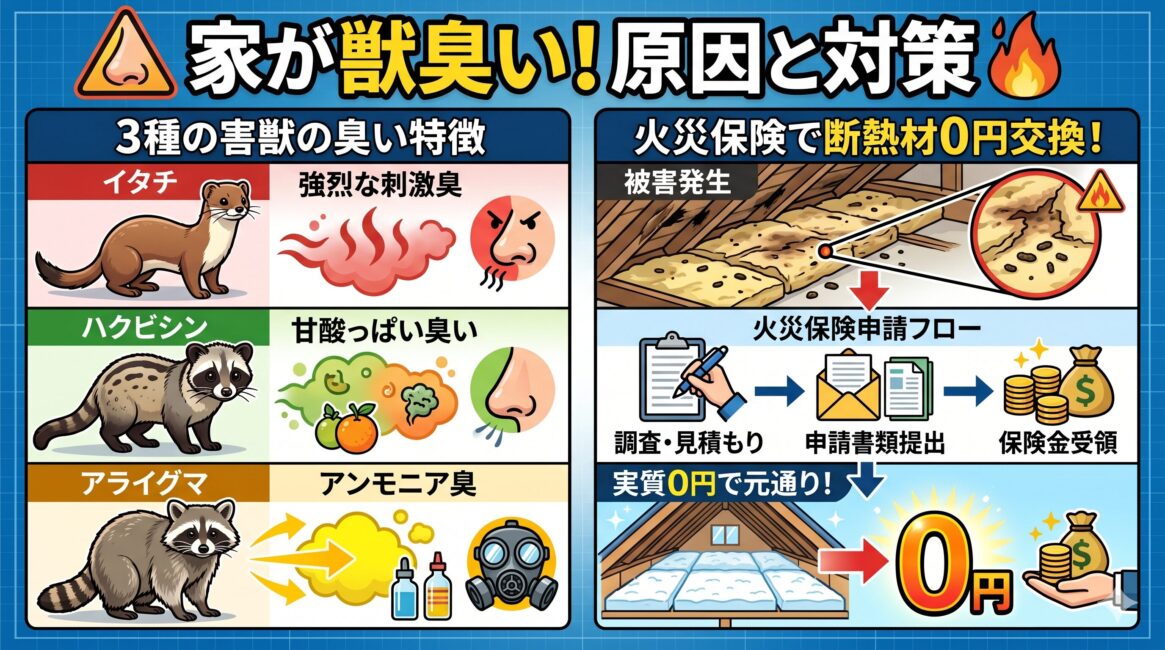 壁の隙間から悪臭】家の中が獣臭い原因は?害獣3種の臭い特徴と火災保険で断熱材を0円交換する手順