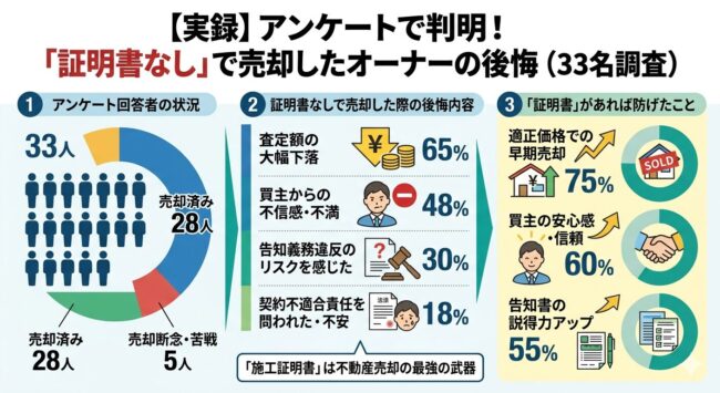 【実録】アンケートで判明！証明書なしで売却したオーナー33名の調査結果